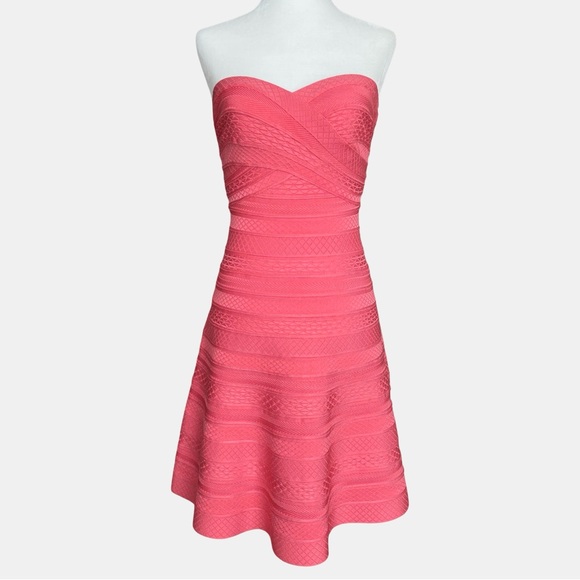 Herve Leger Akari Embossed Bandage Mini Dress Hibiscus Coral Pink Medium NWOT - Picture 3 of 17